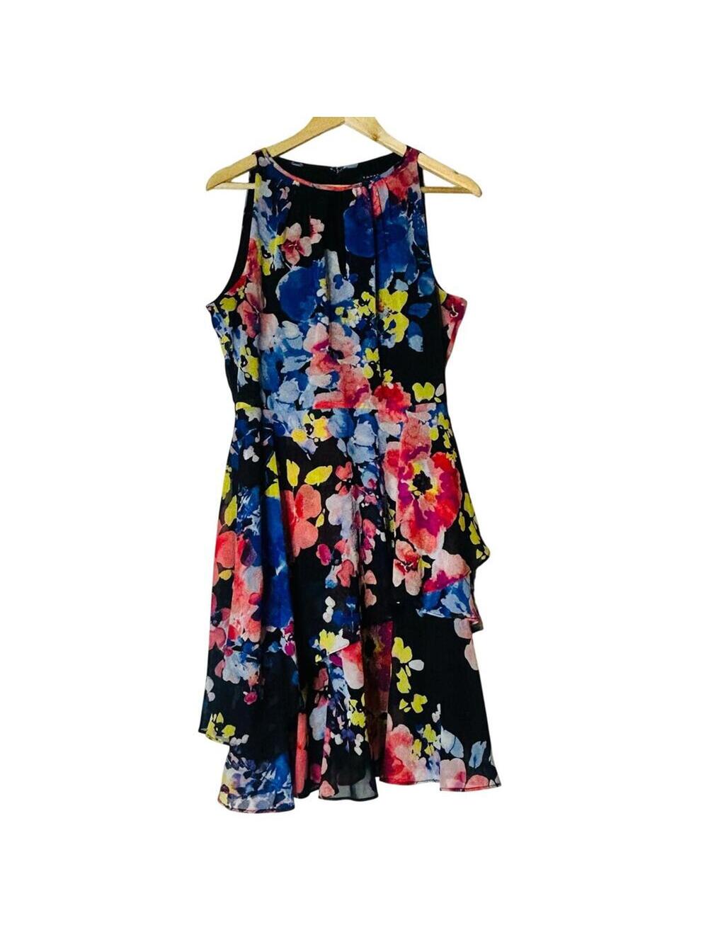 Tahari Arthur S. Levine Floral Sleeveless Dress 12 Fit Flare Knee Length Ruffle